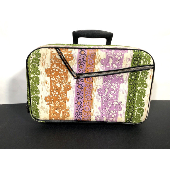 Small Travel Bag Suitcase 1970s Floral Striped Tropical Stripes Zipper Pocket - Picture 1 of 16